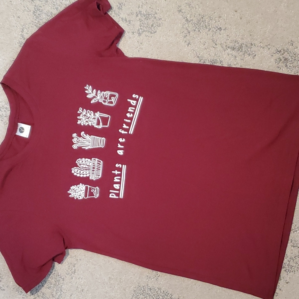 Plants Are Friends Graphic Tee Shirt Top Womens Small Burgundy NWOT Gift